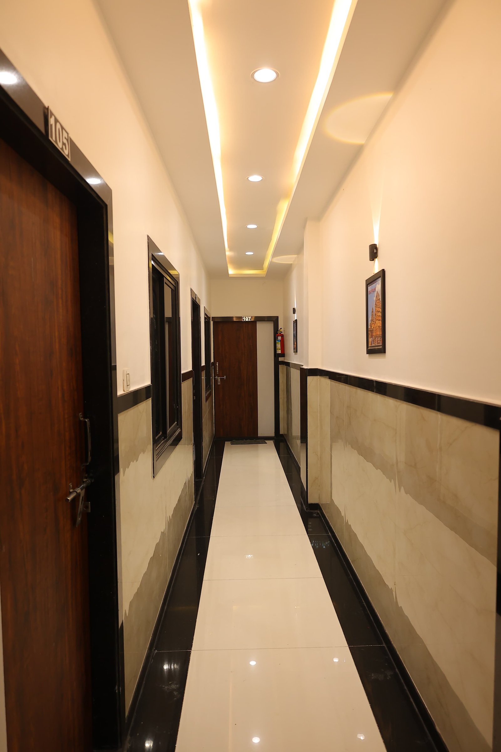 Elegantly Lit Lobby Area at Hotel Narmada Shree, Omkareshwar